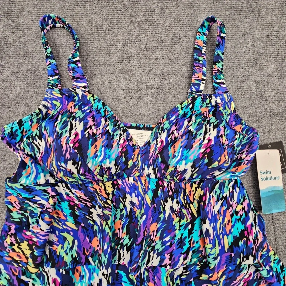 Swim Solutions Women One Piece Triple‎ Tier Fauxkini Tummy Control Navy Multi 10 - Picture 2 of 10